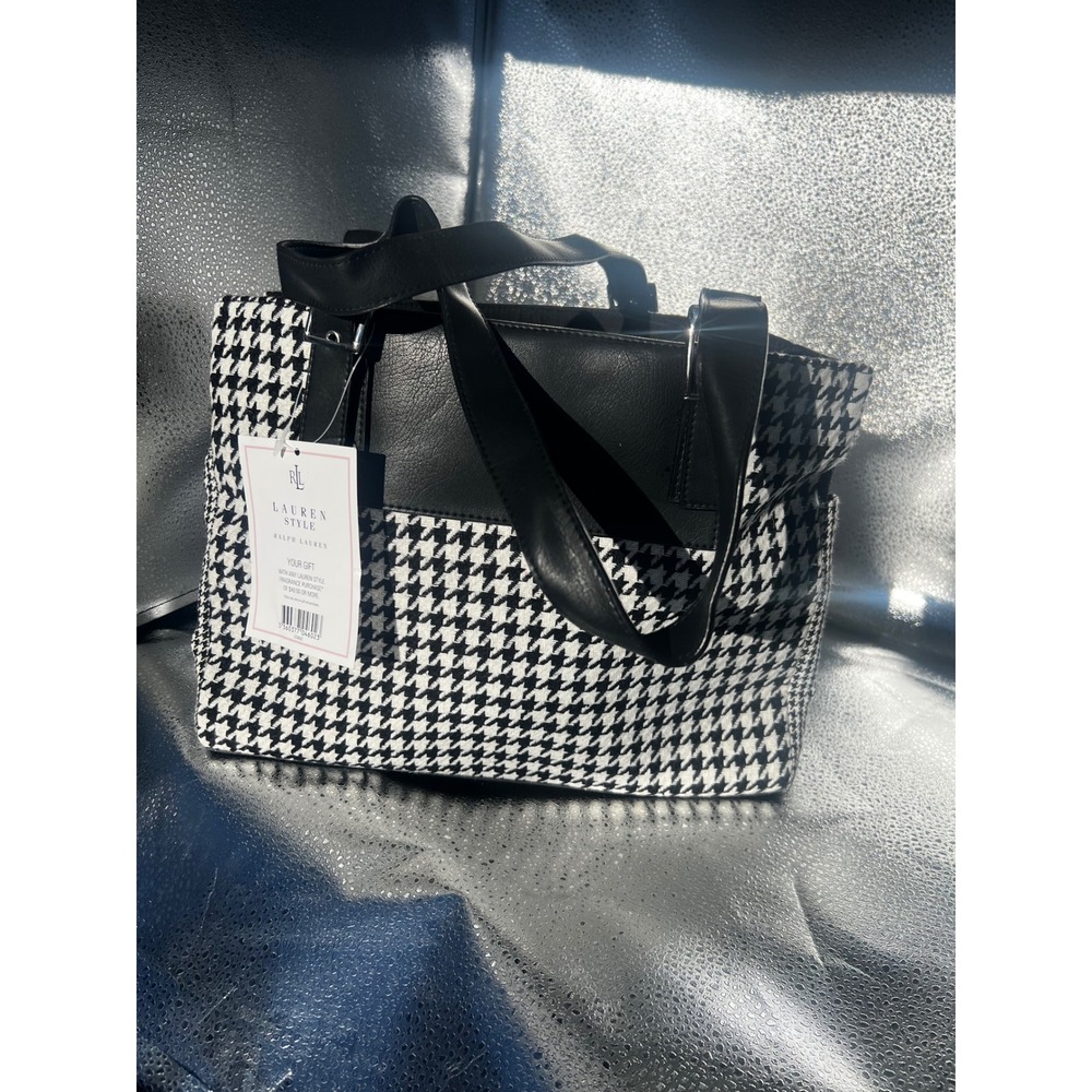 Lauren Ralph Lauren Houndstooth Tote Bag Black White Buckle Accent New With Tags